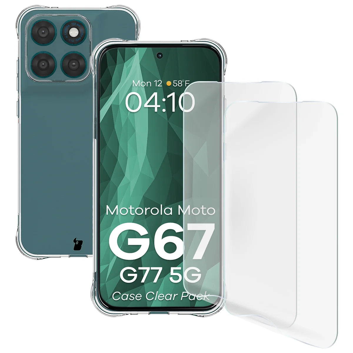 Handyhülle + 2x Folie für Motorola Moto G67 5G / G77 5G, Bizon Case Clear Pack, Transparent