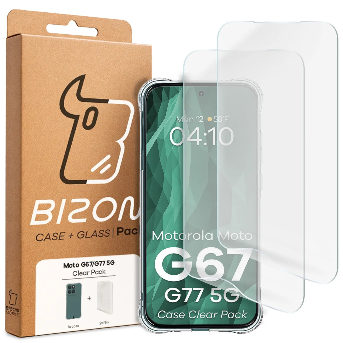Handyhülle + 2x Folie für Motorola Moto G67 5G / G77 5G, Bizon Case Clear Pack, Transparent