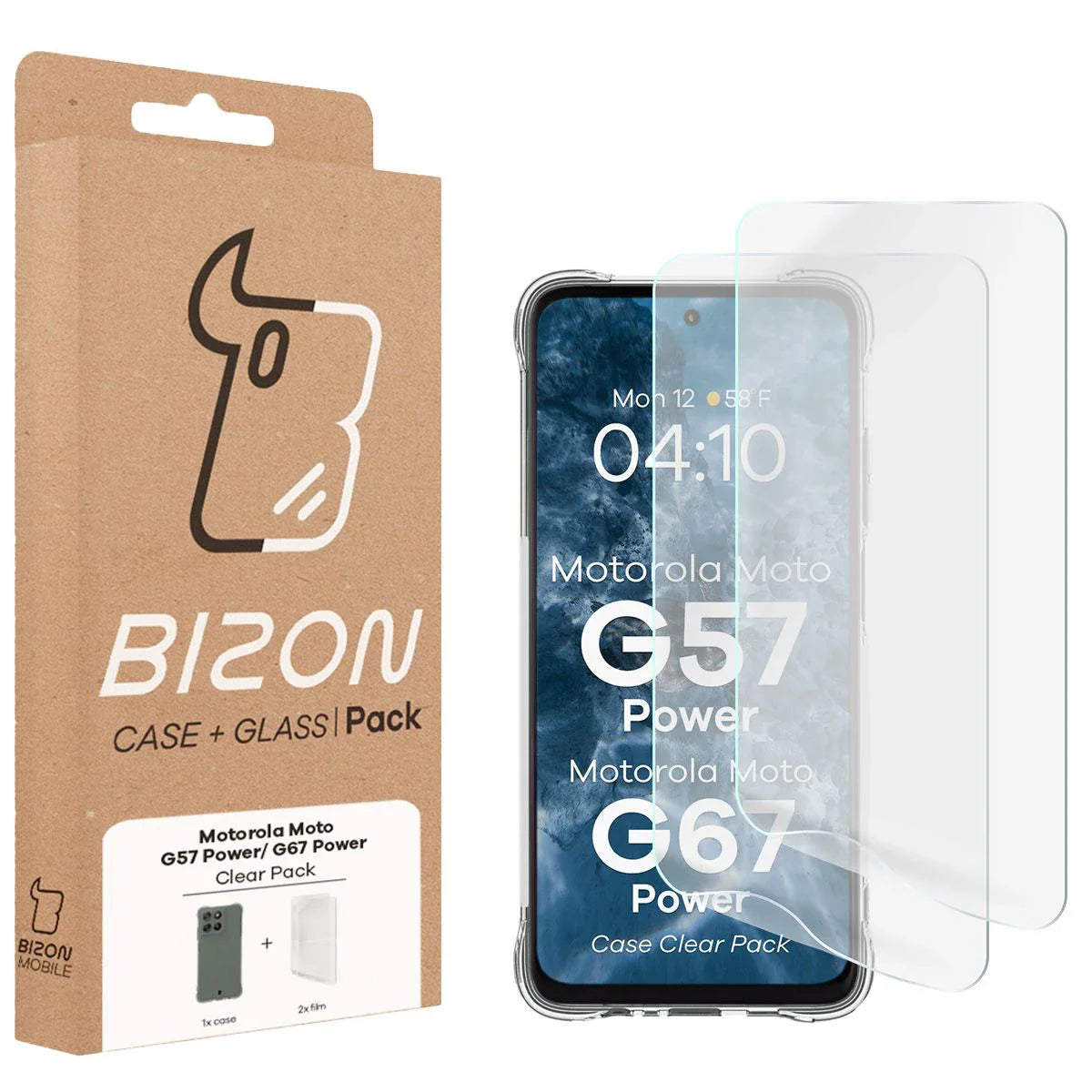 Handyhülle + 2x Folie für Motorola Moto G57 Power / G67 Power, Bizon Case Clear Pack, Transparent