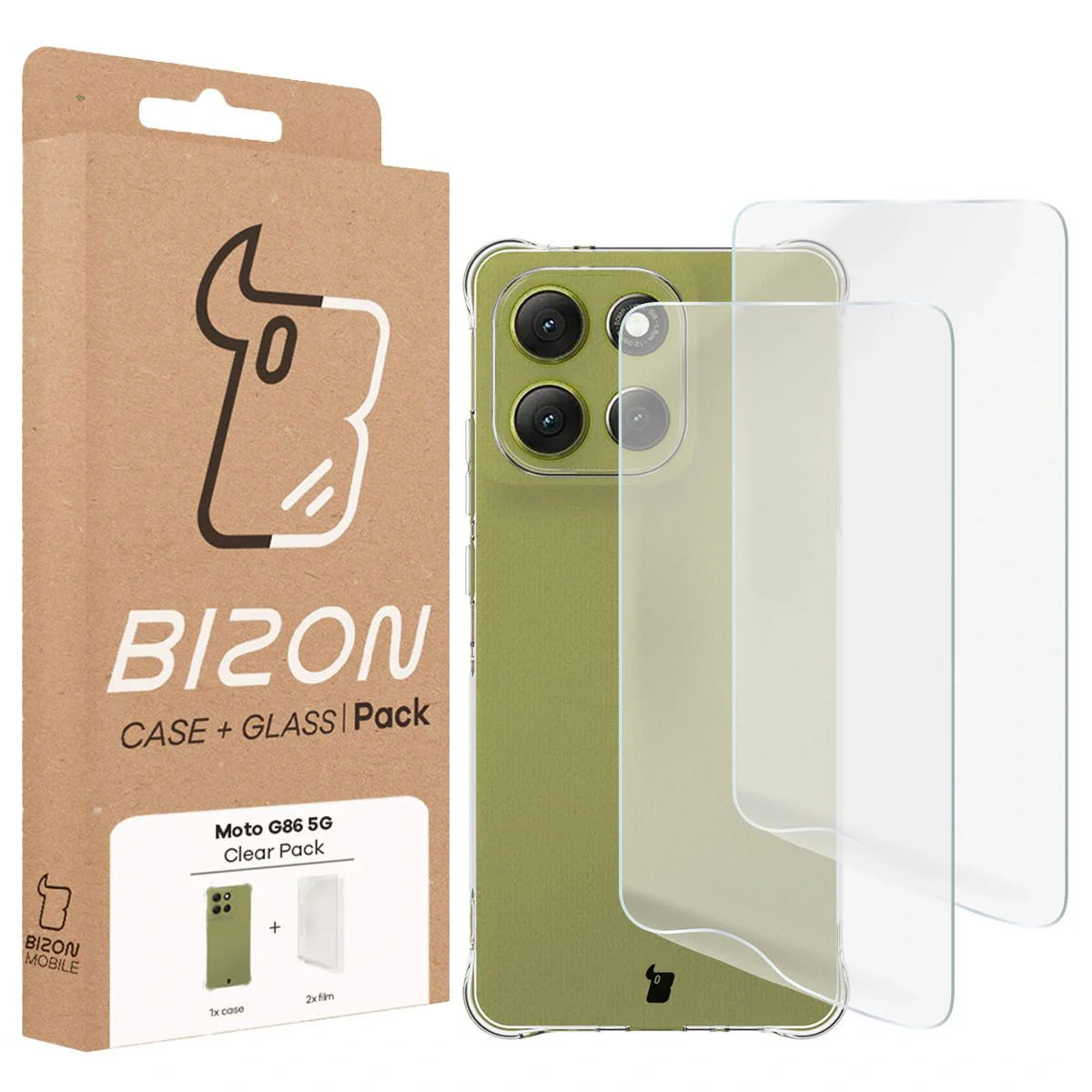 Handyhülle + 2x Folie für Motorola Moto G86 5G, Bizon Case Clear Pack, Transparent
