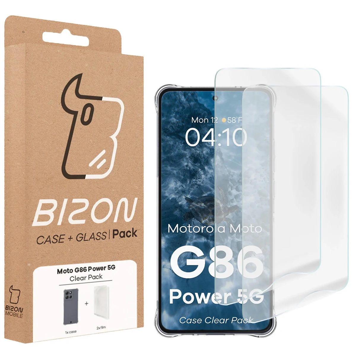 Handyhülle + 2x Folie für Motorola Moto G86 Power 5G, Bizon Case Clear Pack, Transparent