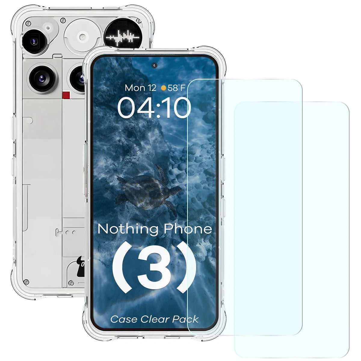 Schutzhülle + 2x gehärtetes Glas für Nothing Phone (3), Bizon Case Clear Pack, Transparent