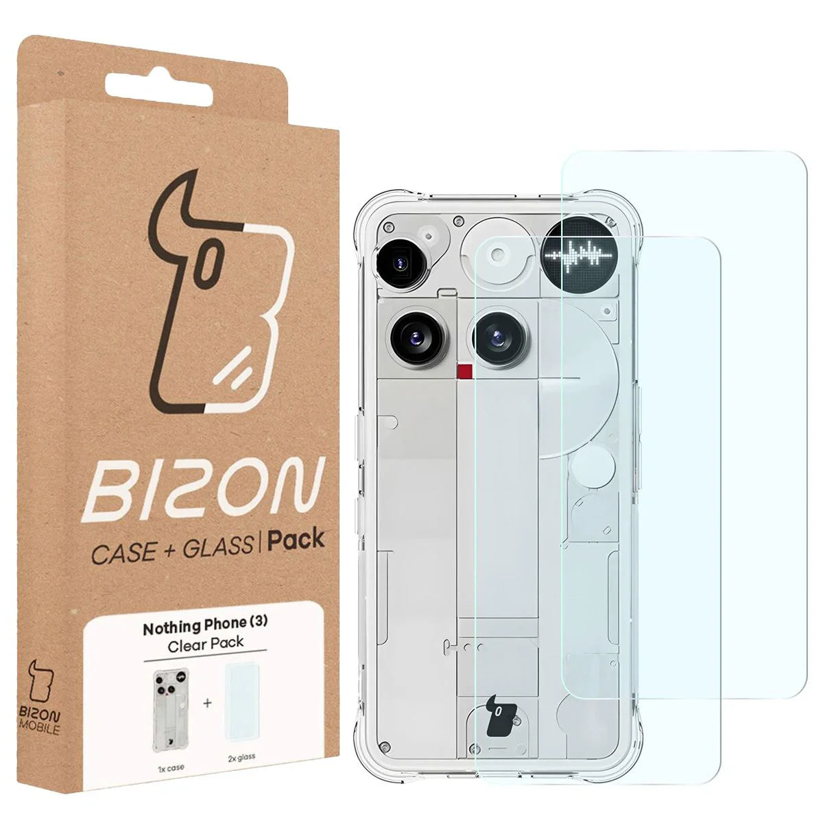 Schutzhülle + 2x gehärtetes Glas für Nothing Phone (3), Bizon Case Clear Pack, Transparent