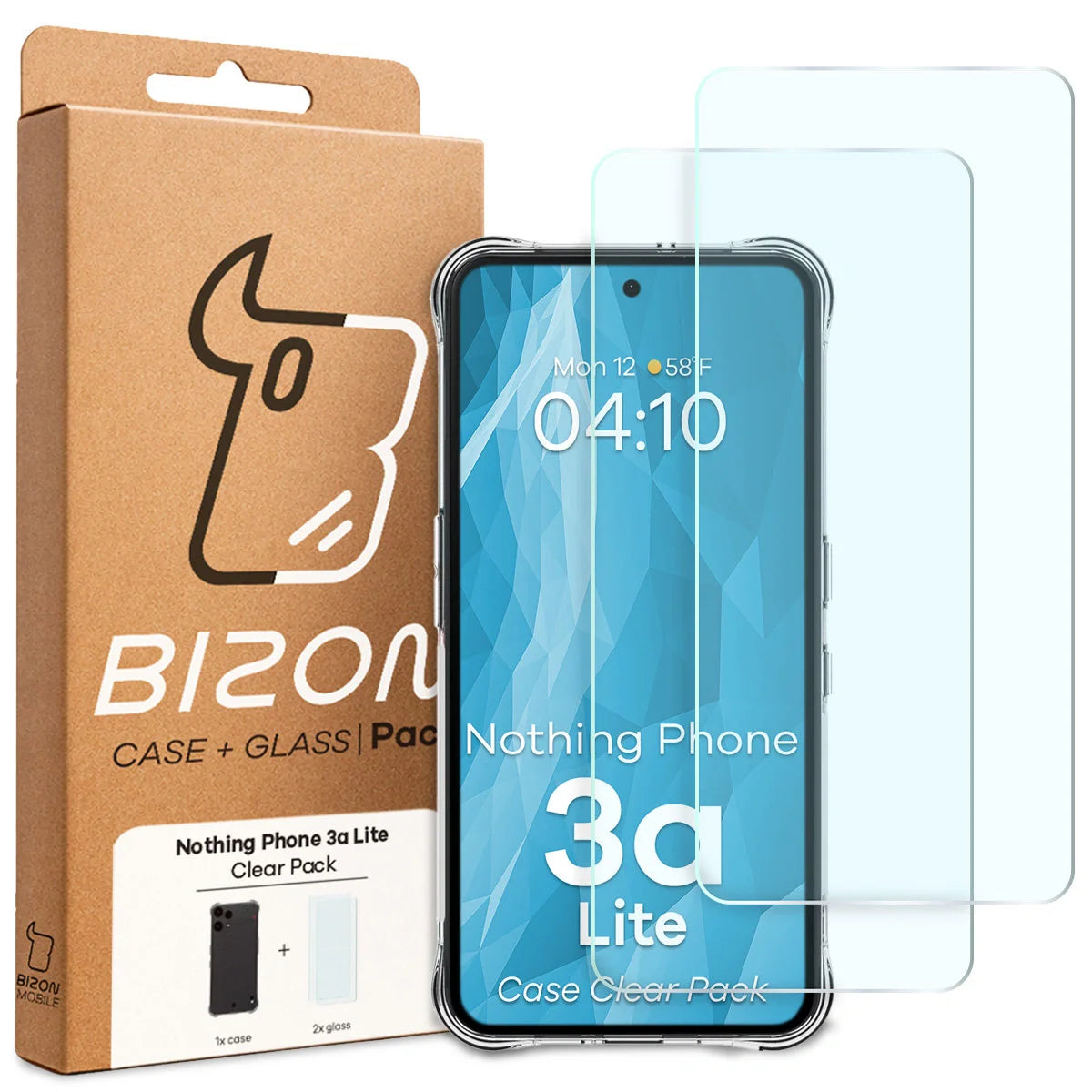 Schutzhülle + 2x gehärtetes Glas für Nothing Phone (3a) Lite, Bizon Case Clear Pack, Transparent