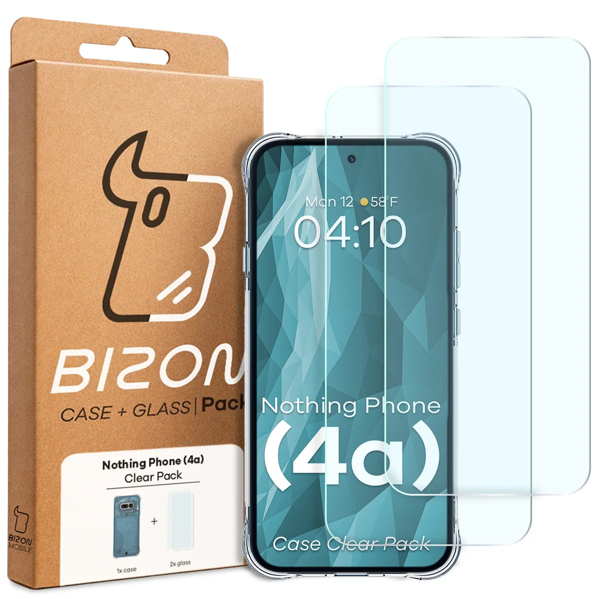 Schutzhülle + 2x gehärtetes Glas für Nothing Phone (4a), Bizon Case Clear Pack, Transparent