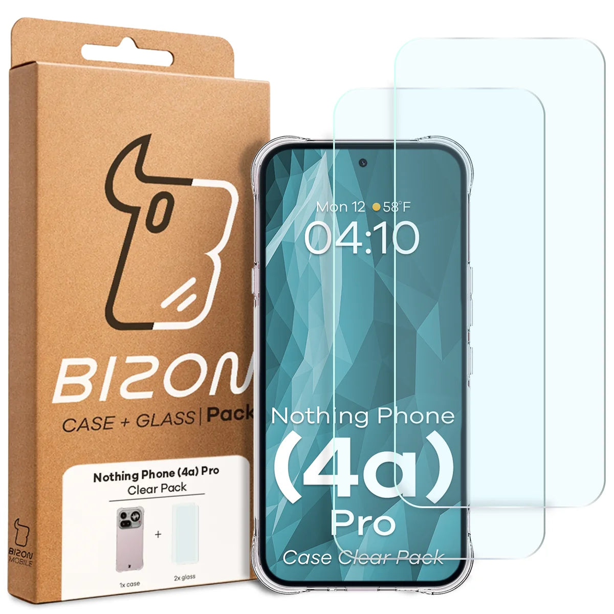 Schutzhülle + 2x gehärtetes Glas für Nothing Phone (4a) Pro, Bizon Case Clear Pack, Transparent