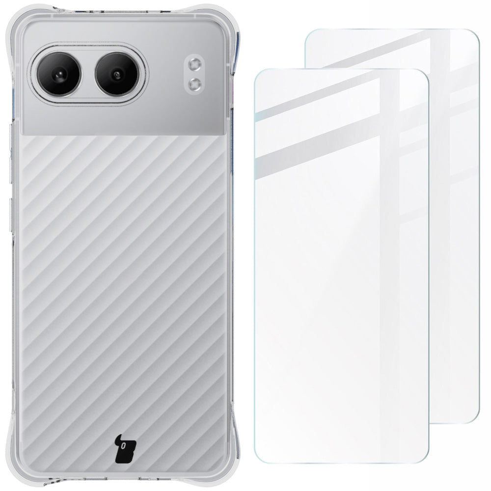 Schutzhülle + 2x gehärtetes Glas für OnePlus Nord 4, Bizon Case Clear Pack, Transparent