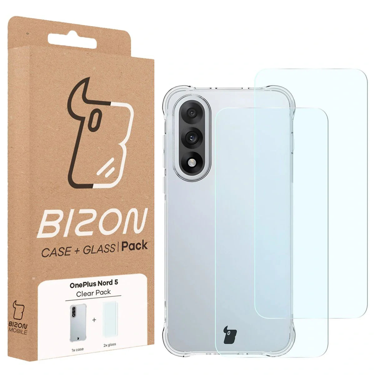 Schutzhülle + 2x gehärtetes Glas für OnePlus Nord 5, Bizon Case Clear Pack, Transparent