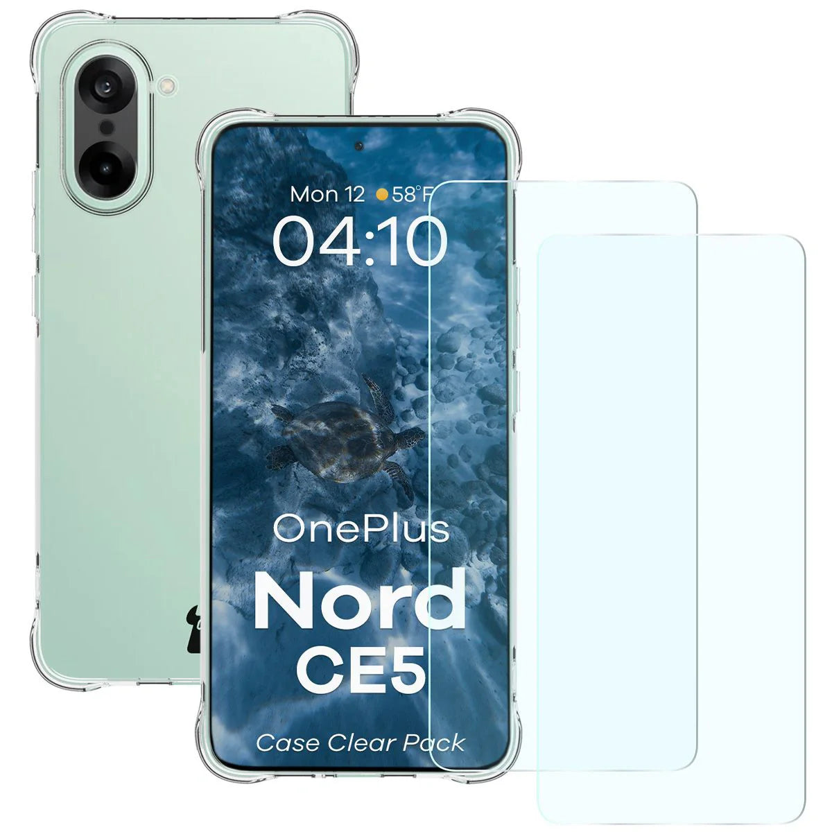 Schutzhülle + 2x gehärtetes Glas für OnePlus Nord CE5 5G, Bizon Case Clear Pack, Transparent