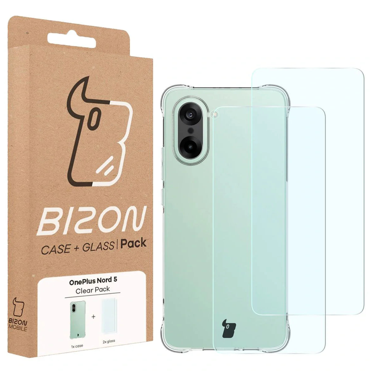 Schutzhülle + 2x gehärtetes Glas für OnePlus Nord CE5 5G, Bizon Case Clear Pack, Transparent