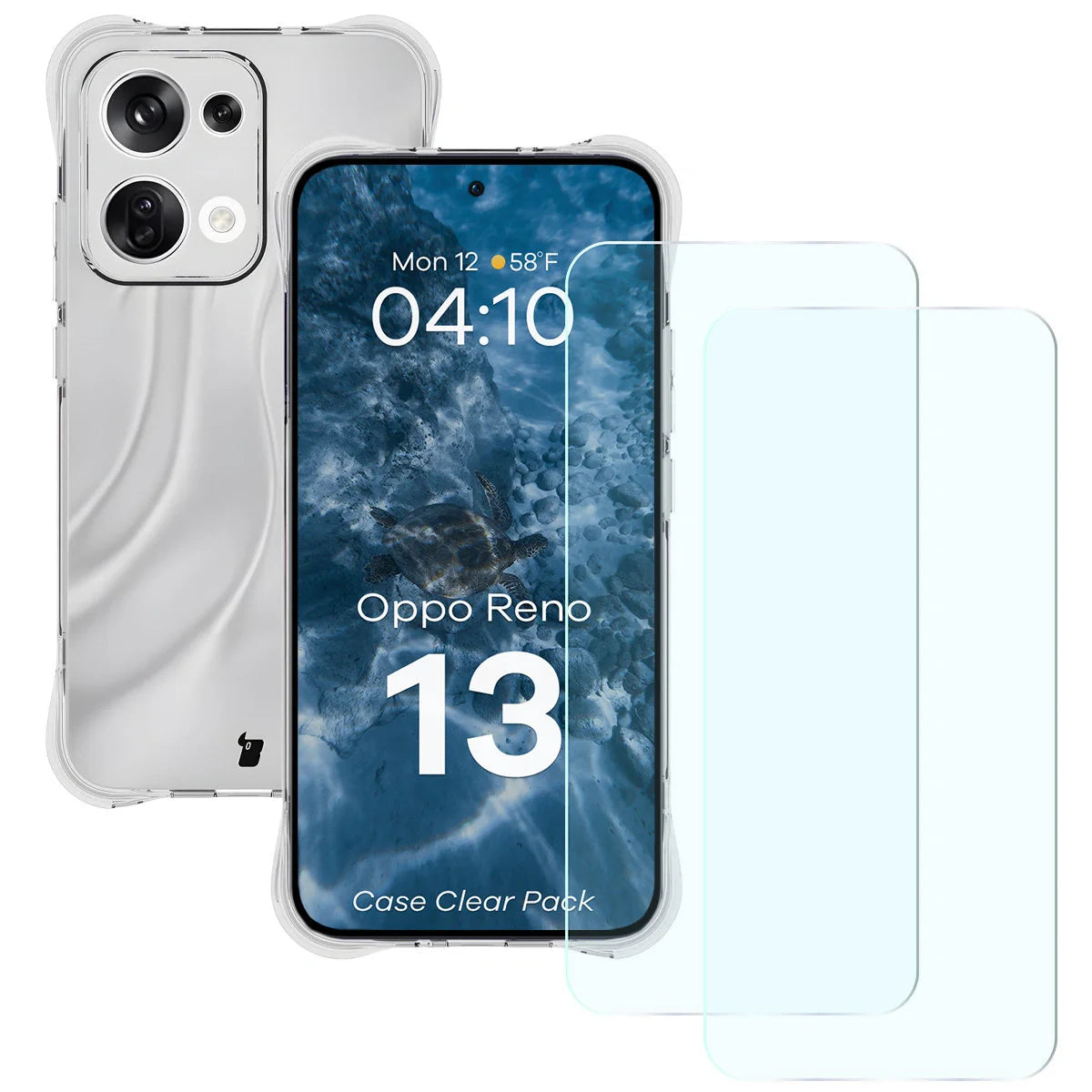 Schutzhülle + 2x gehärtetes Glas für Oppo Reno13, Bizon Case Clear Pack, Transparent