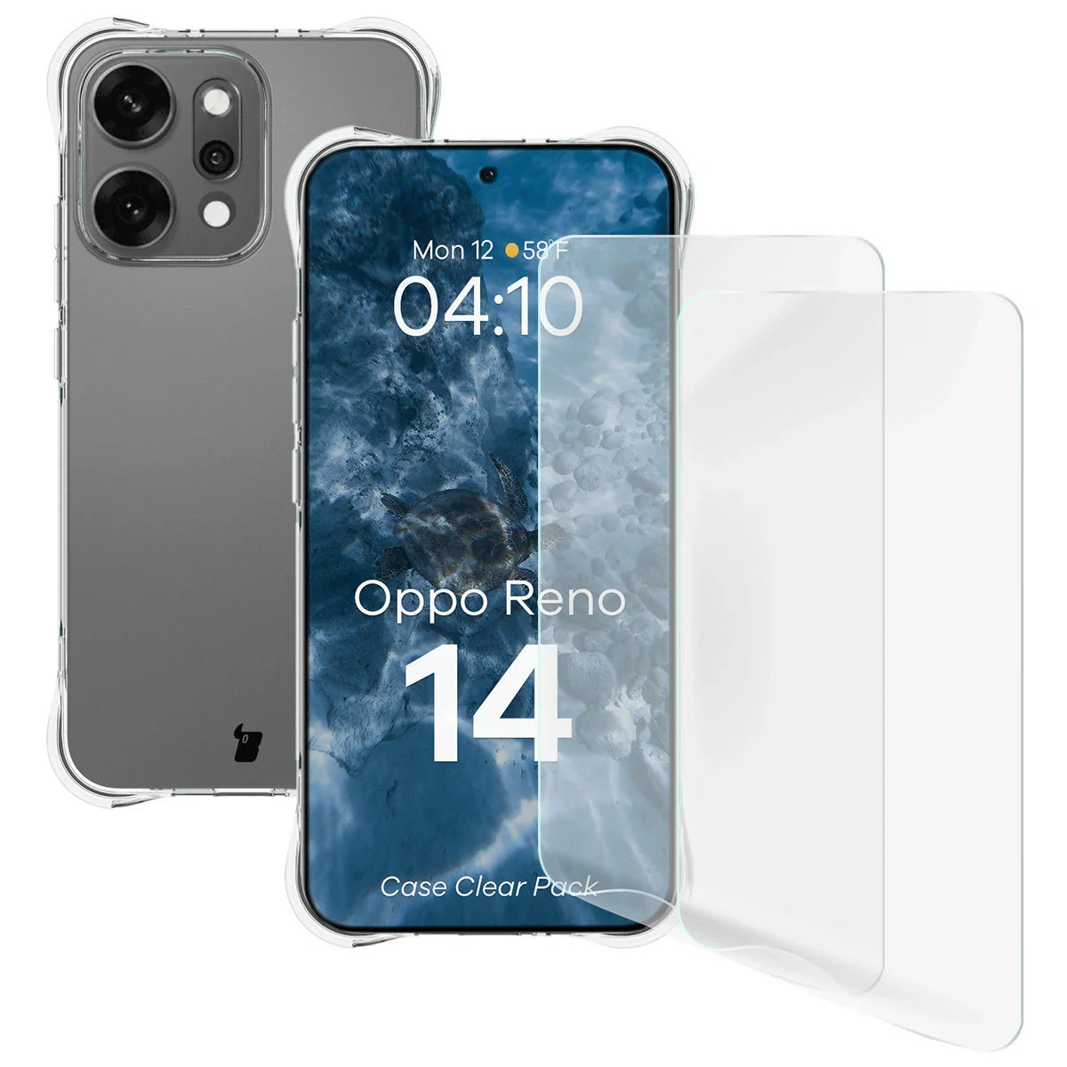 Handyhülle + 2x Folie für Oppo Reno 14, Bizon Case Clear Pack, Transparent