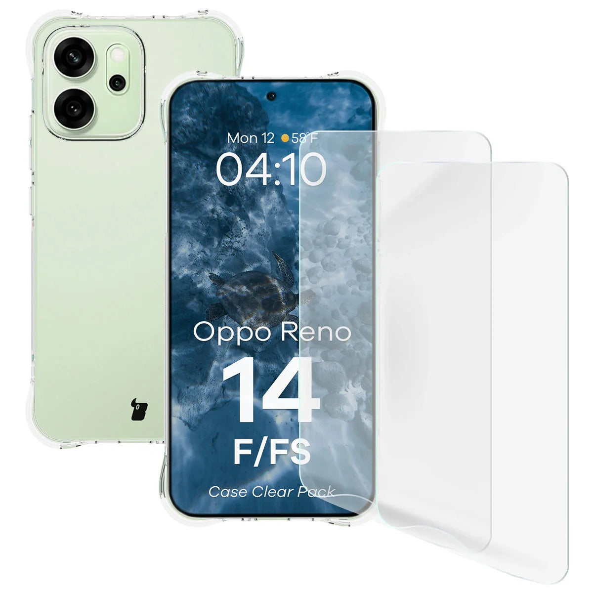 Handyhülle + 2x Folie für Oppo Reno 14 F / FS, Bizon Case Clear Pack, Transparent