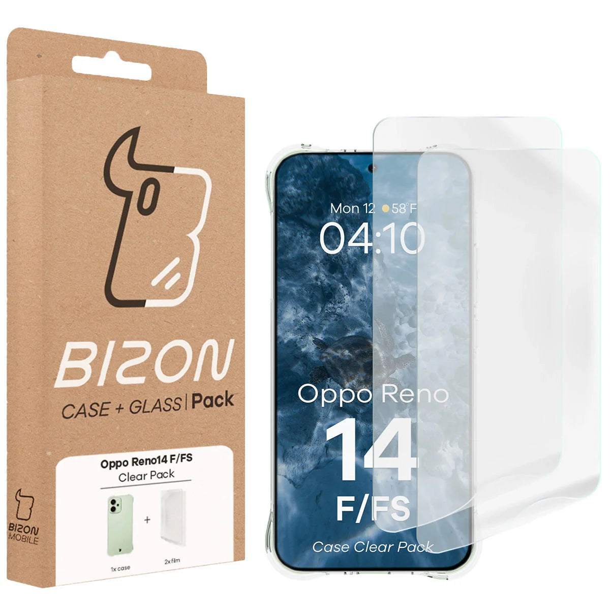 Handyhülle + 2x Folie für Oppo Reno 14 F / FS, Bizon Case Clear Pack, Transparent