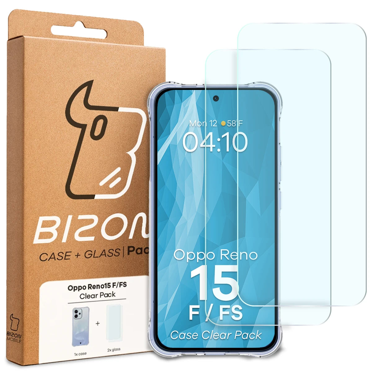 Schutzhülle + 2x gehärtetes Glas für Oppo Reno 15 F / FS, Bizon Case Clear Pack, Transparent