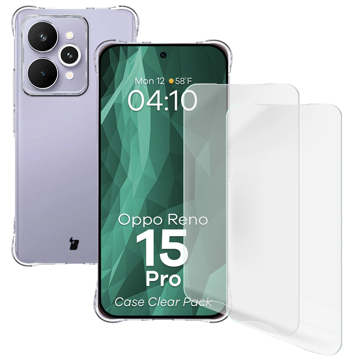 Handyhülle + 2x Folie für Oppo Reno 15 Pro, Bizon Case Clear Pack, Transparent