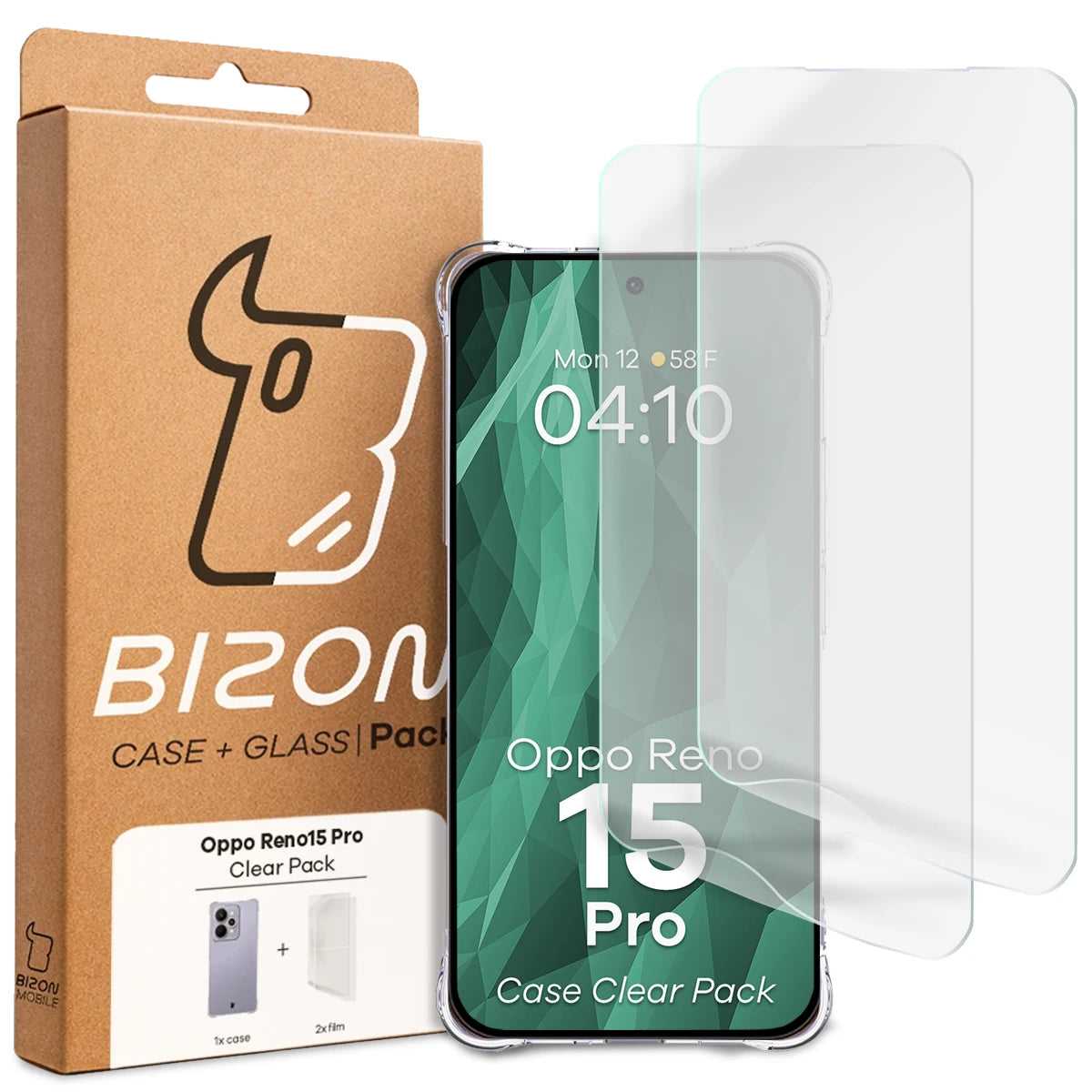 Handyhülle + 2x Folie für Oppo Reno 15 Pro, Bizon Case Clear Pack, Transparent