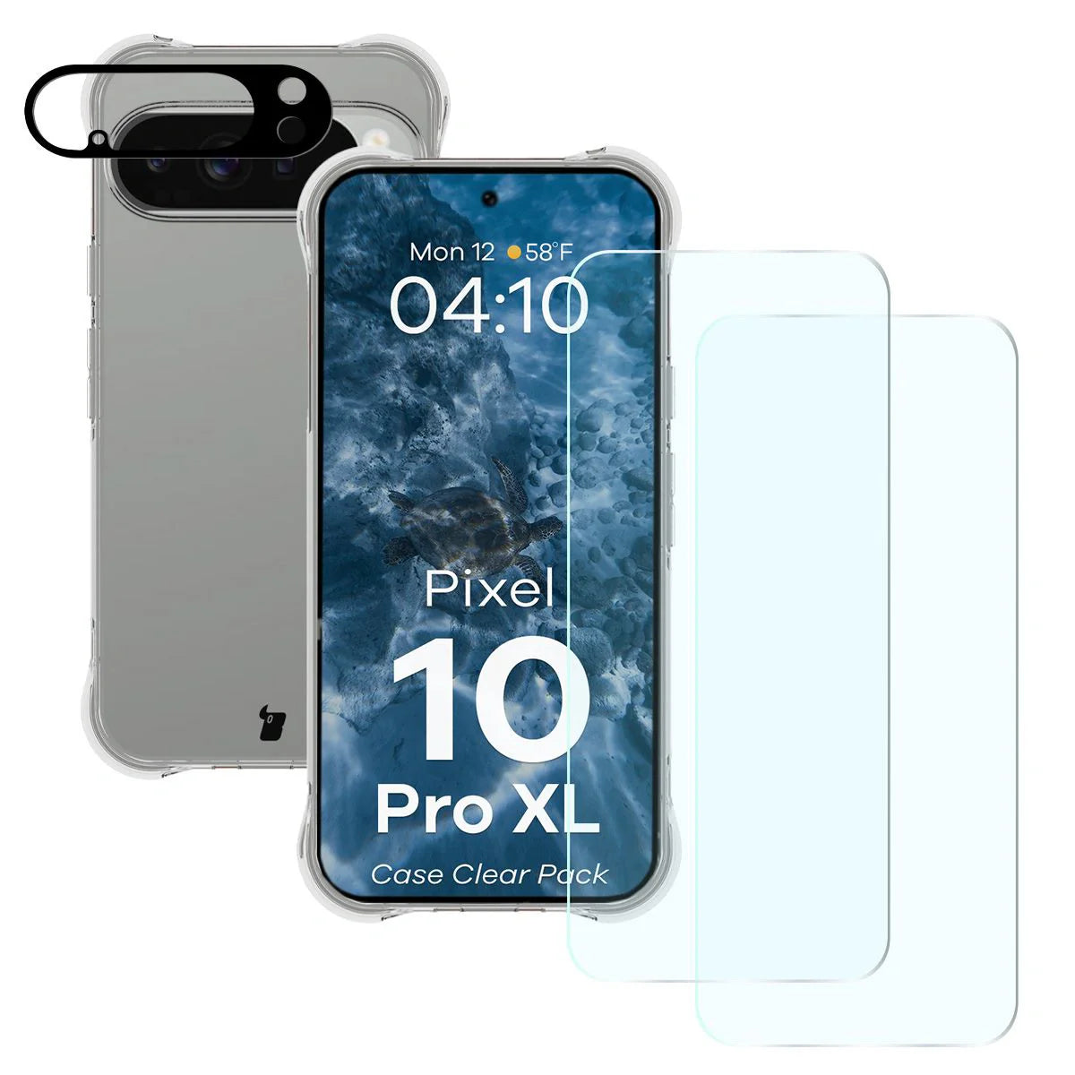 Schutzhülle + 2x gehärtetes Glas + Kameraschutz für Google Pixel 10 Pro XL, Bizon Case Clear Pack, Transparent