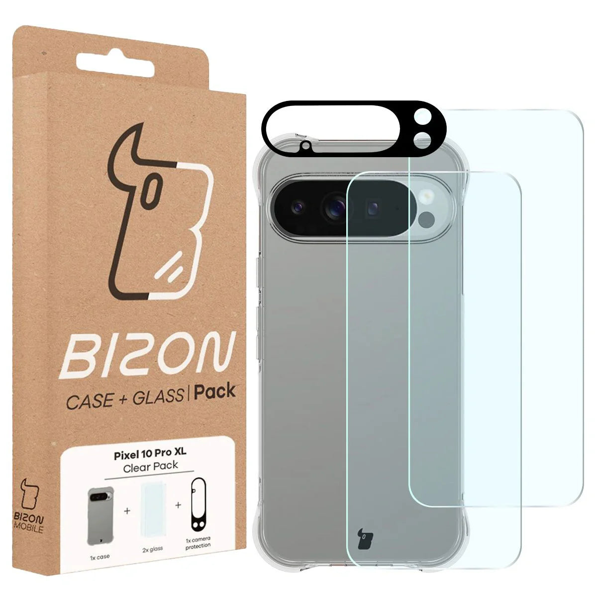 Schutzhülle + 2x gehärtetes Glas + Kameraschutz für Google Pixel 10 Pro XL, Bizon Case Clear Pack, Transparent
