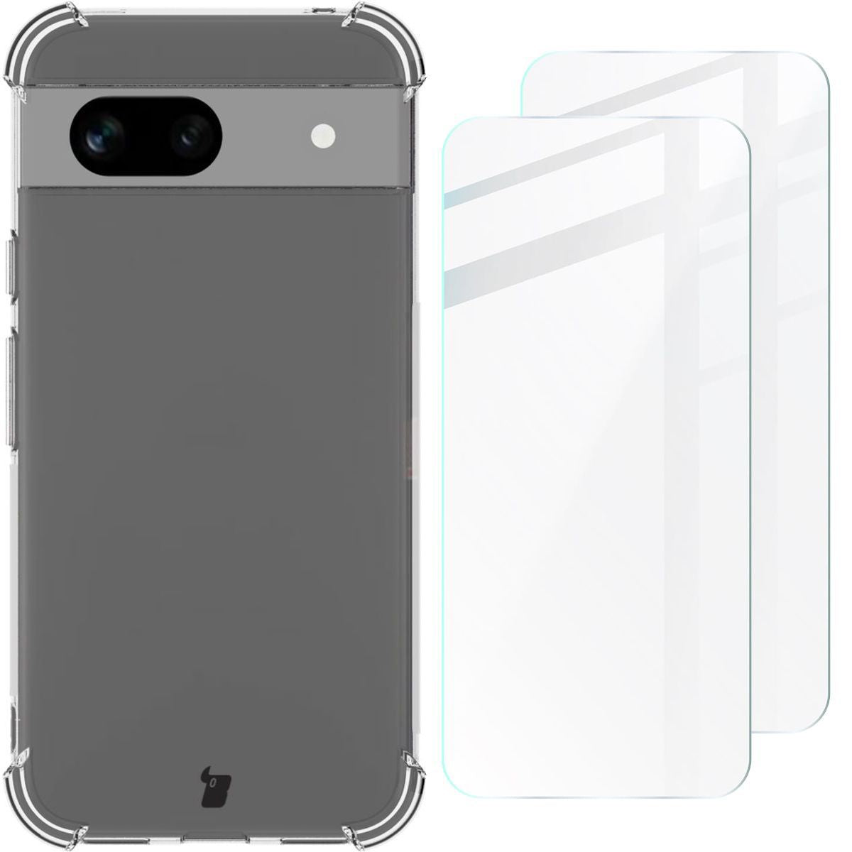 Schutzhülle + 2x Glas für Google Pixel 8a, Bizon Case Clear Pack, Transparent