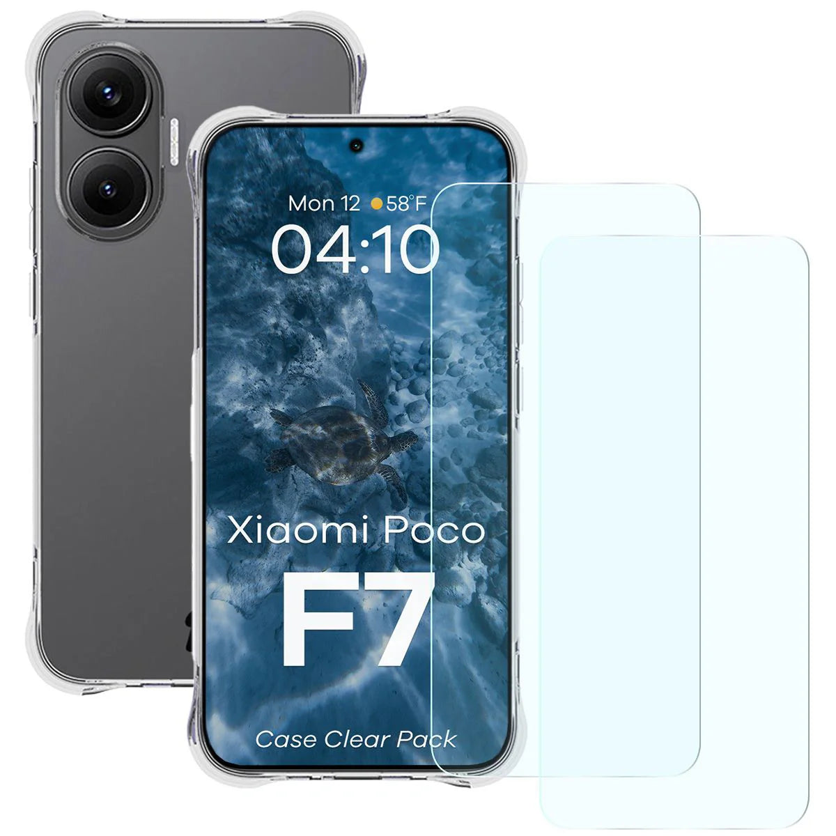 Schutzhülle + 2x gehärtetes Glas für Xiaomi POCO F7, Bizon Case Clear Pack, Transparent