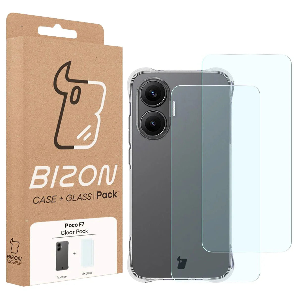 Schutzhülle + 2x gehärtetes Glas für Xiaomi POCO F7, Bizon Case Clear Pack, Transparent