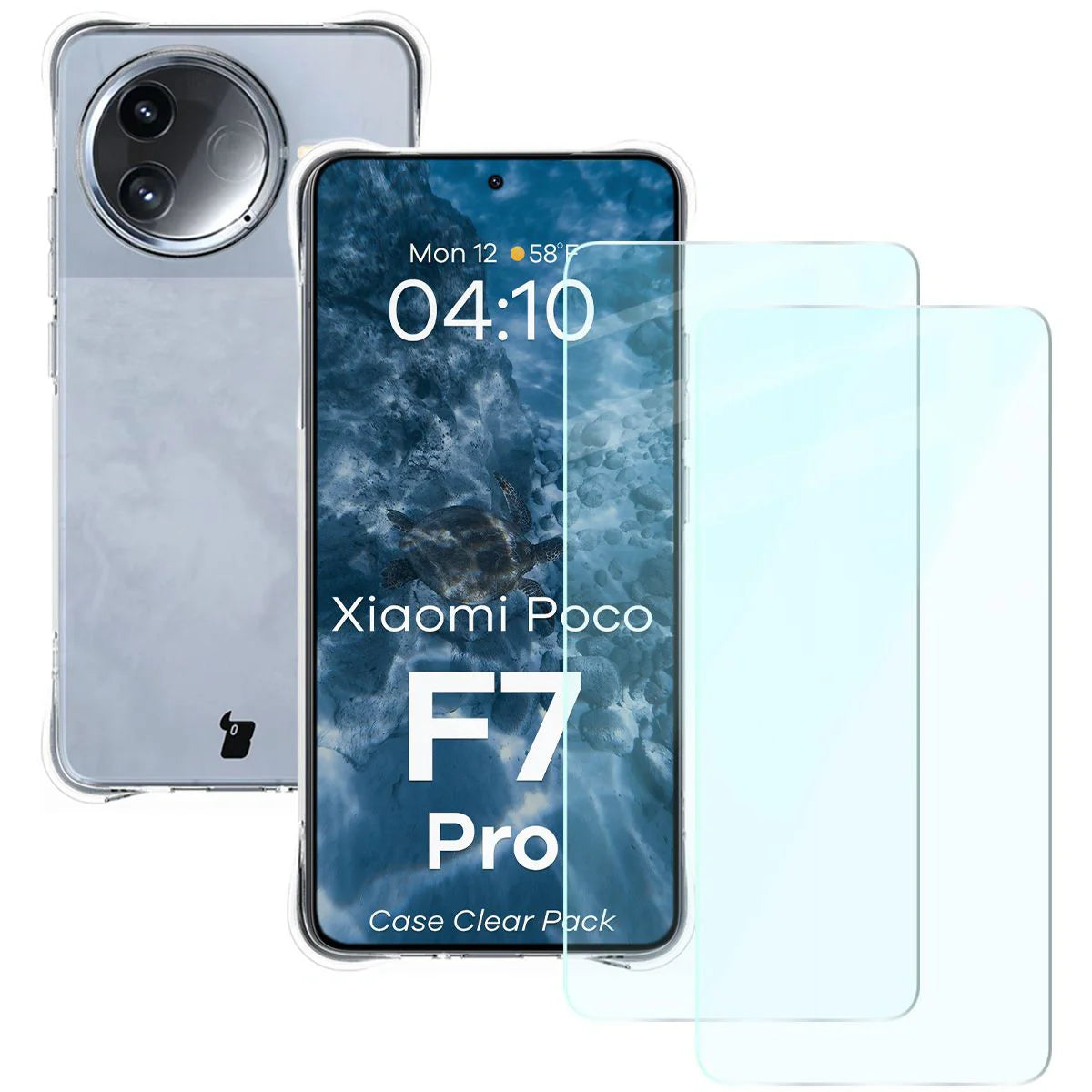 Schutzhülle + 2x gehärtetes Glas für Xiaomi Poco F7 Pro, Bizon Case Clear Pack, Transparent