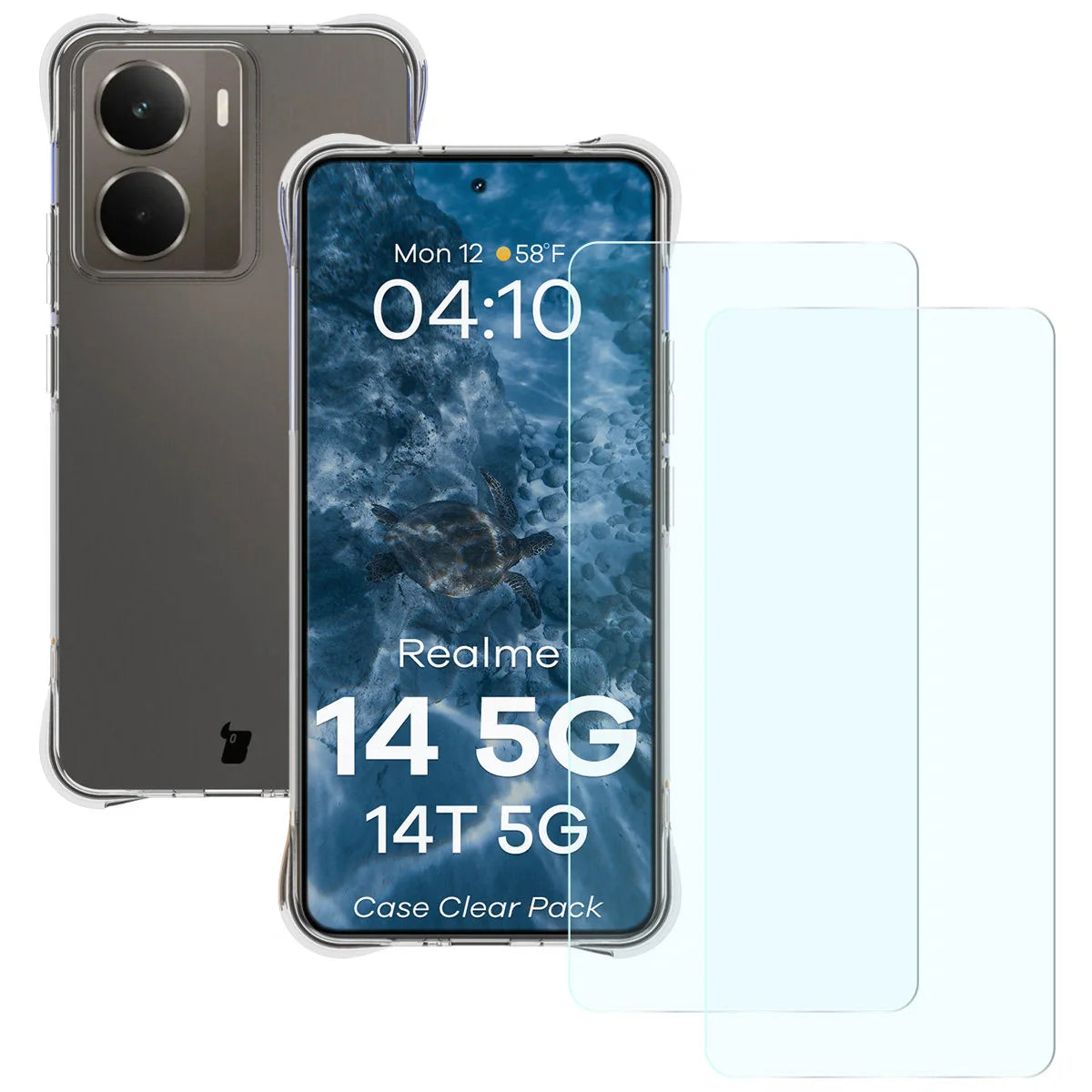 Schutzhülle + 2x gehärtetes Glas für Realme 14 5G / 14T 5G, Bizon Case Clear Pack, Transparent