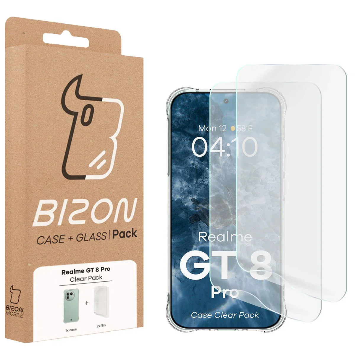 Handyhülle + 2x Folie für Realme GT 8 Pro, Bizon Case Clear Pack, Transparent