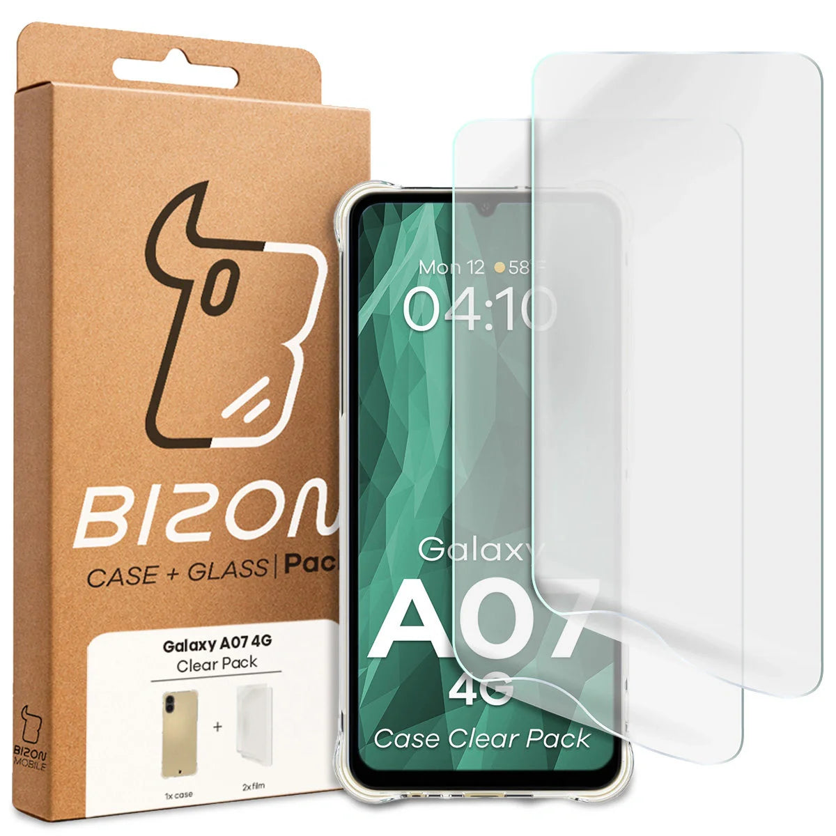 Handyhülle + 2x Folie für Galaxy A07 4G, Bizon Case Clear Pack, Transparent