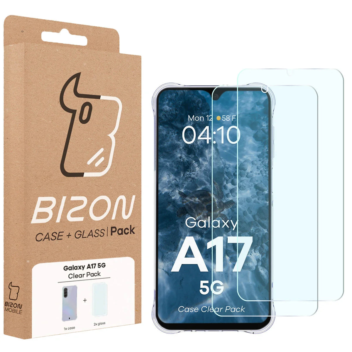 Schutzhülle + 2x gehärtetes Glas für Galaxy A17 5G, Bizon Case Clear Pack, Transparent