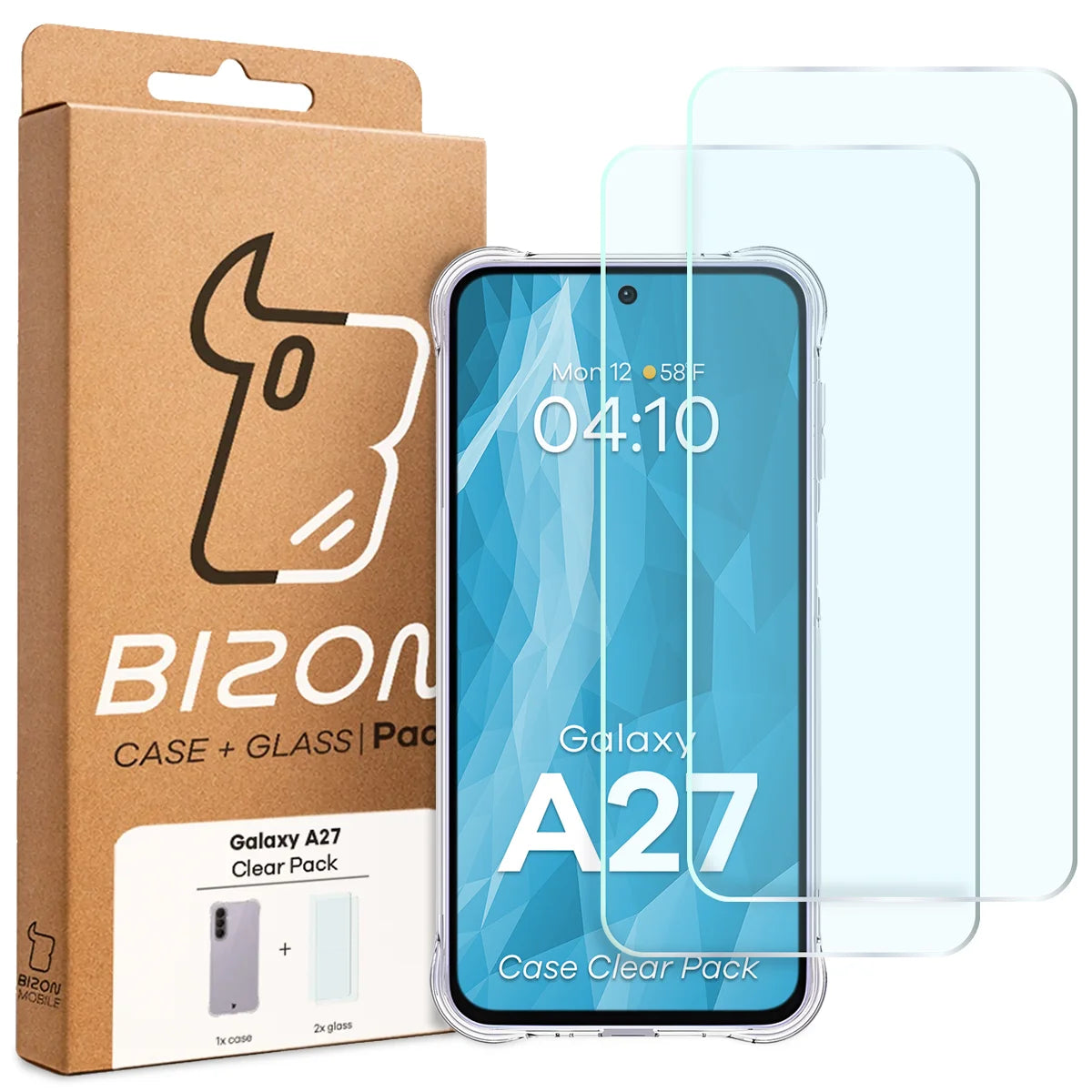 Schutzhülle + 2x gehärtetes Glas für Galaxy A27 5G, Bizon Case Clear Pack, Transparent