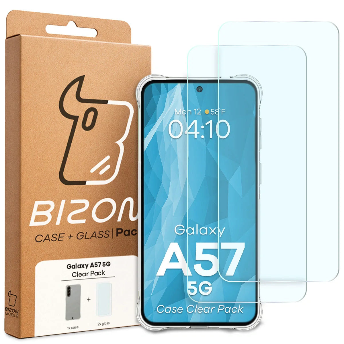 Schutzhülle + 2x gehärtetes Glas für Galaxy A57 5G, Bizon Case Clear Pack, Transparent
