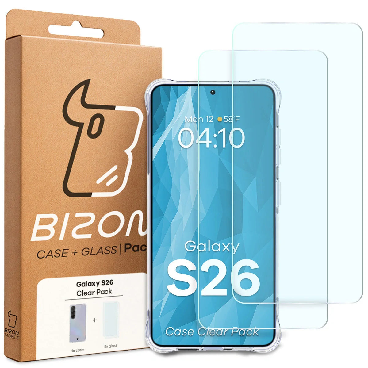 Schutzhülle + 2x gehärtetes Glas für Galaxy S26, Bizon Case Clear Pack, Transparent