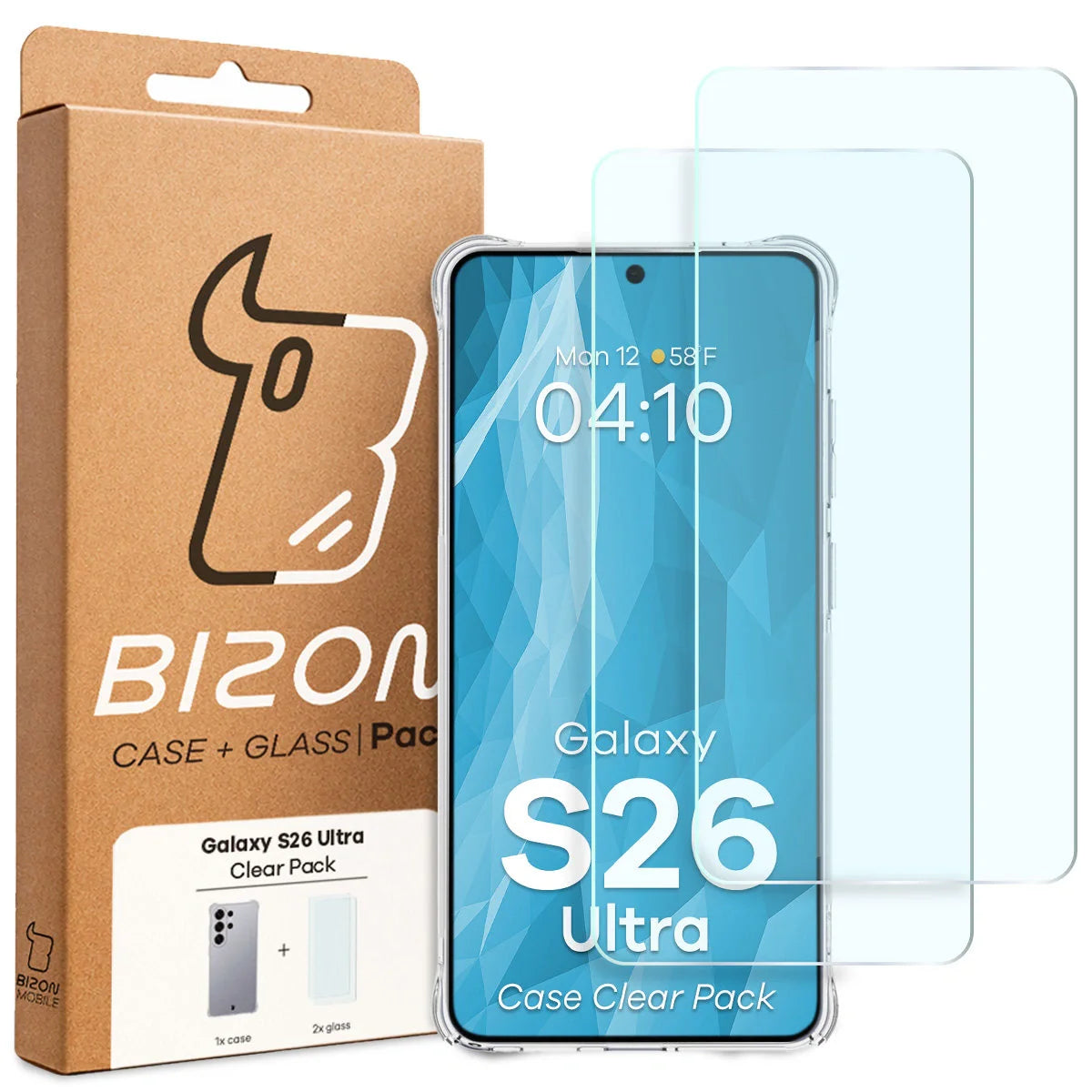 Schutzhülle + 2x gehärtetes Glas für Galaxy S26 Ultra, Bizon Case Clear Pack, Transparent