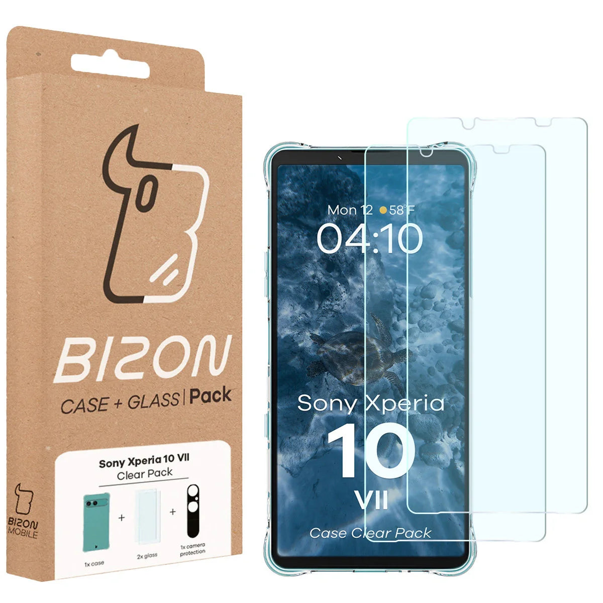 Schutzhülle + 2x gehärtetes Glas + Kameraschutz für Sony Xperia 10 VII, Bizon Case Clear Pack, Transparent