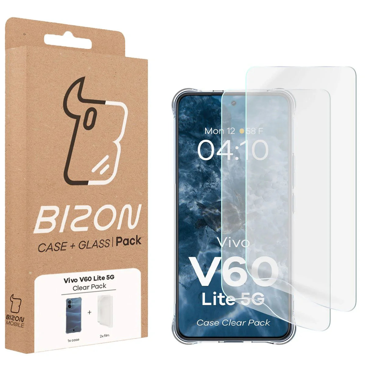 Handyhülle + 2x Folie für Vivo V60 Lite 5G, Bizon Case Clear Pack, Transparent