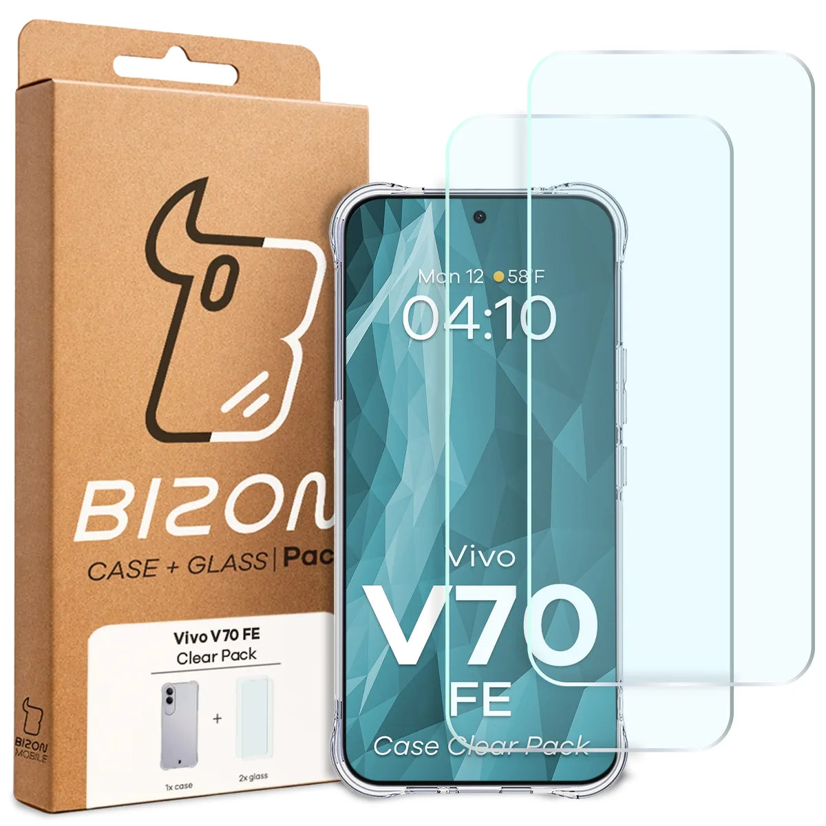 Schutzhülle + 2x gehärtetes Glas für Vivo V70 FE 5G, Bizon Case Clear Pack, Transparent