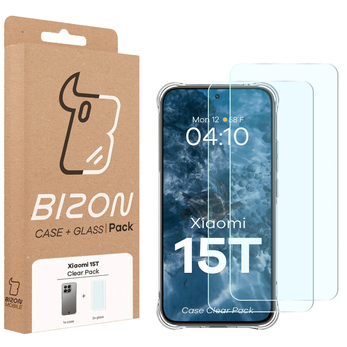 Schutzhülle + 2x gehärtetes Glas für Xiaomi 15T, Bizon Case Clear Pack, Transparent