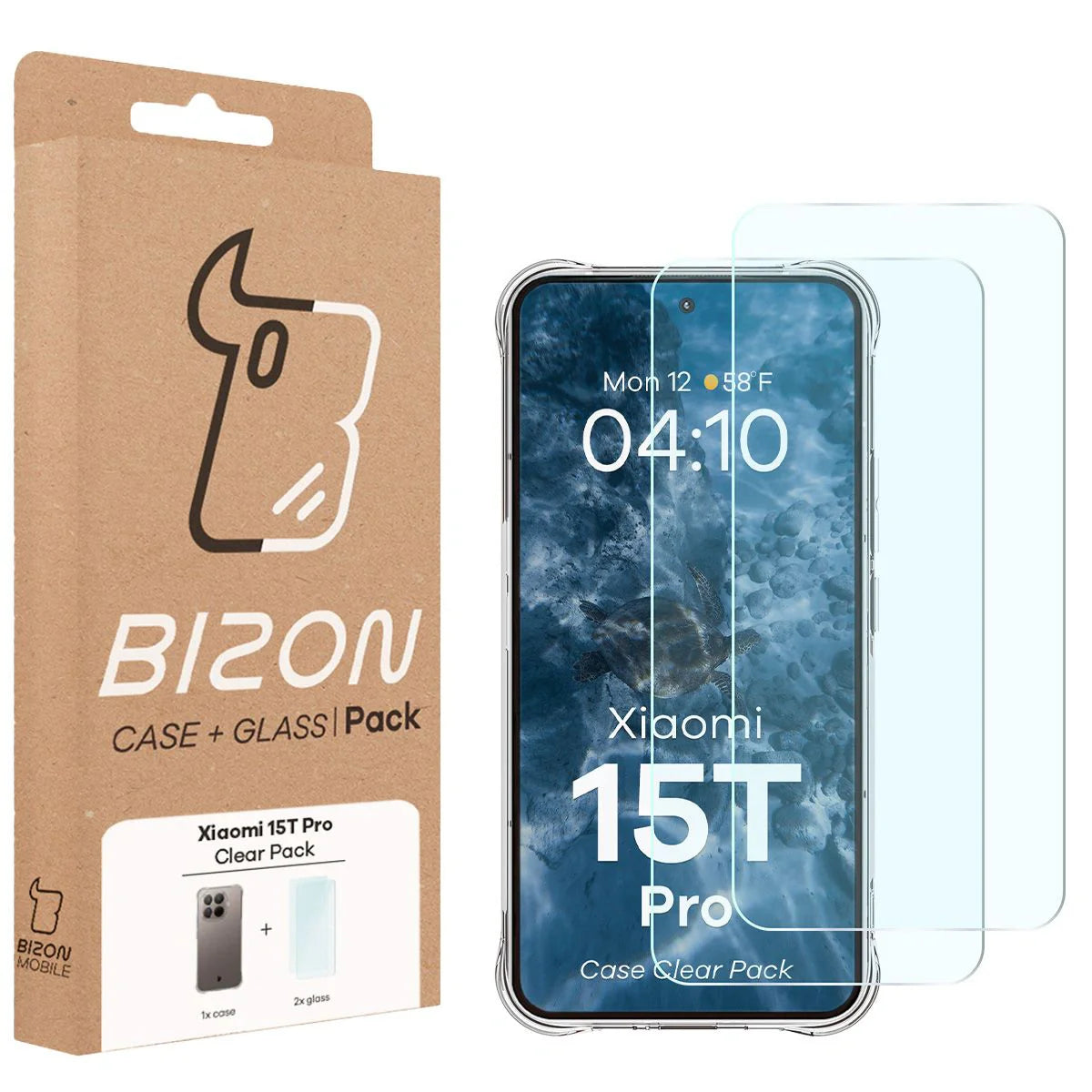 Schutzhülle + 2x gehärtetes Glas für Xiaomi 15T Pro, Bizon Case Clear Pack, Transparent
