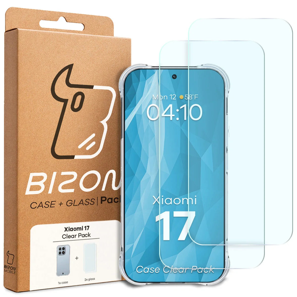 Schutzhülle + 2x gehärtetes Glas für Xiaomi 17, Bizon Case Clear Pack, Transparent