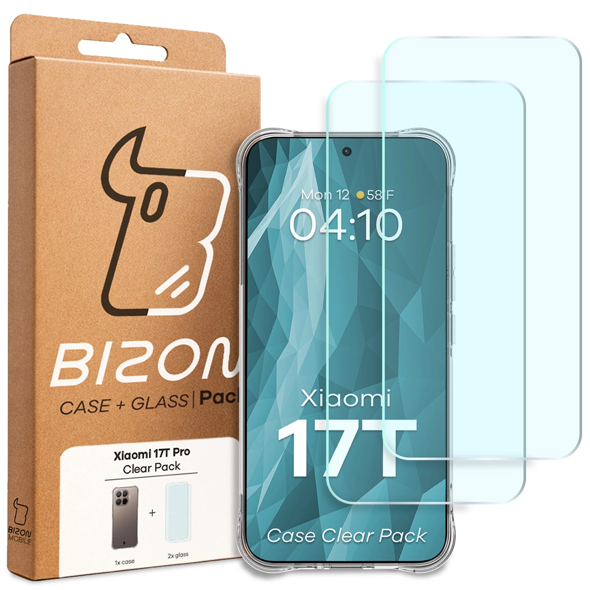 Schutzhülle + 2x gehärtetes Glas für Xiaomi 17T Pro, Bizon Case Clear Pack, Transparent