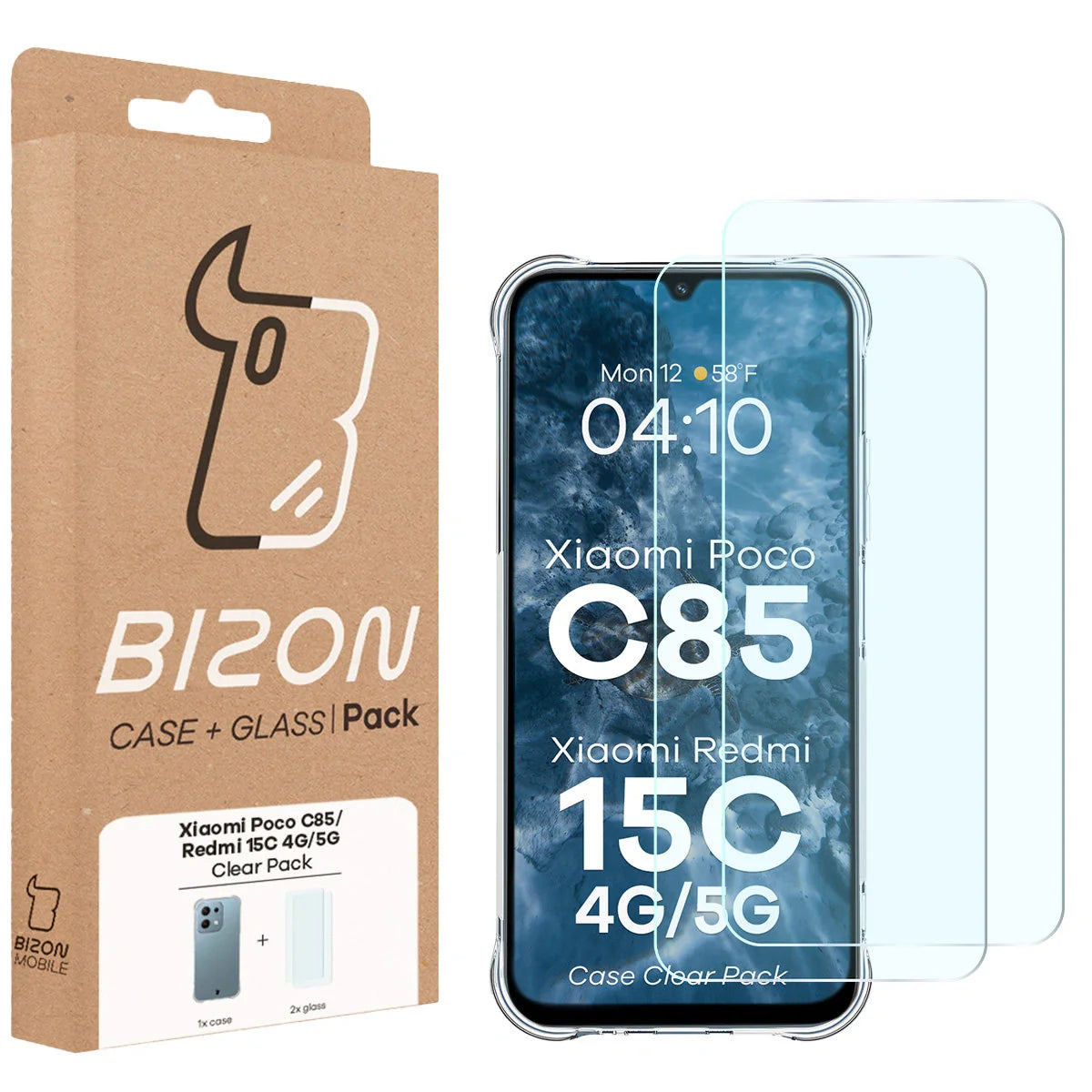 Schutzhülle + 2x gehärtetes Glas für Xiaomi Redmi 15C 4G / 5G / POCO C85 4G, Bizon Case Clear Pack, Transparent