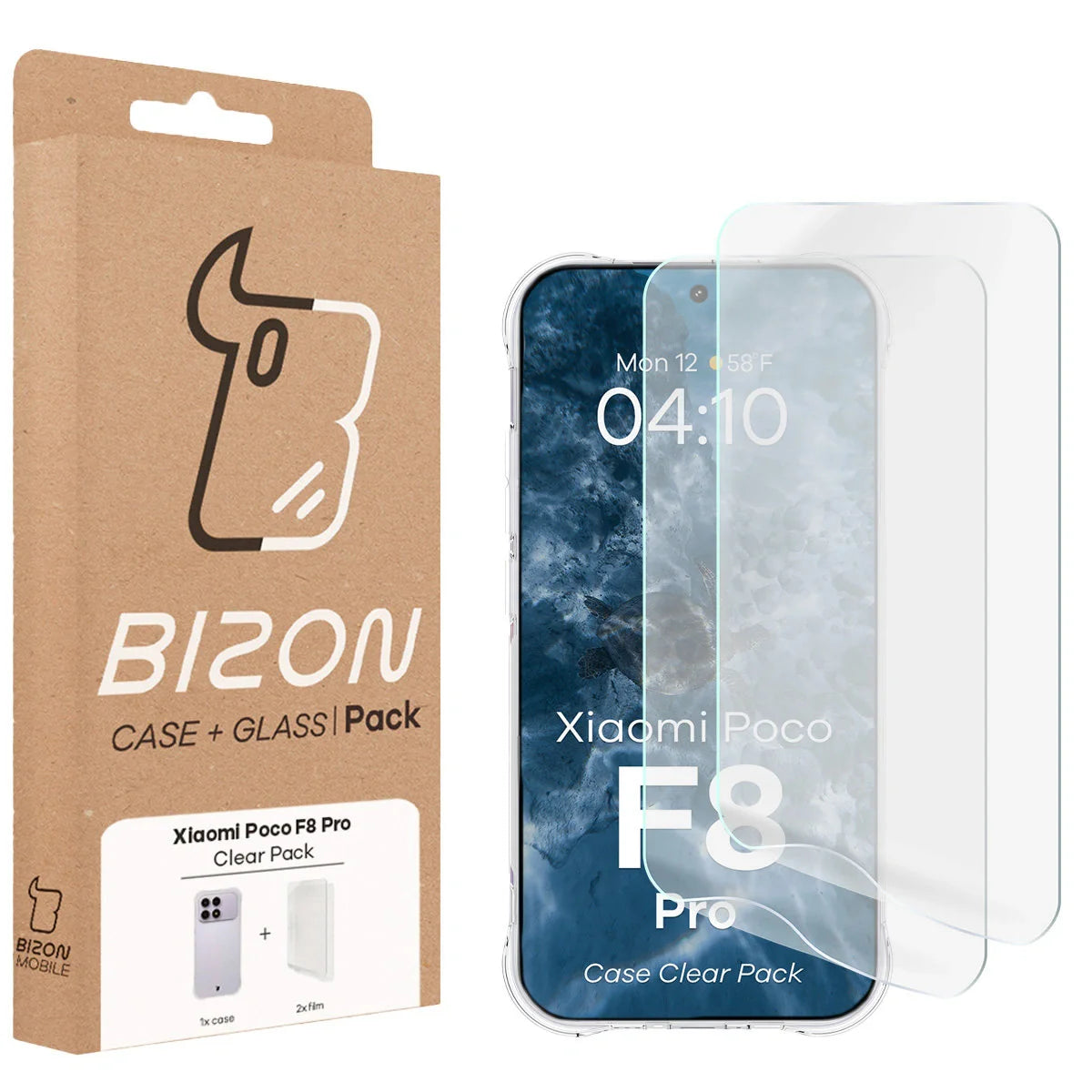 Handyhülle + 2x Folie für Xiaomi POCO F8 Pro, Bizon Case Clear Pack, Transparent