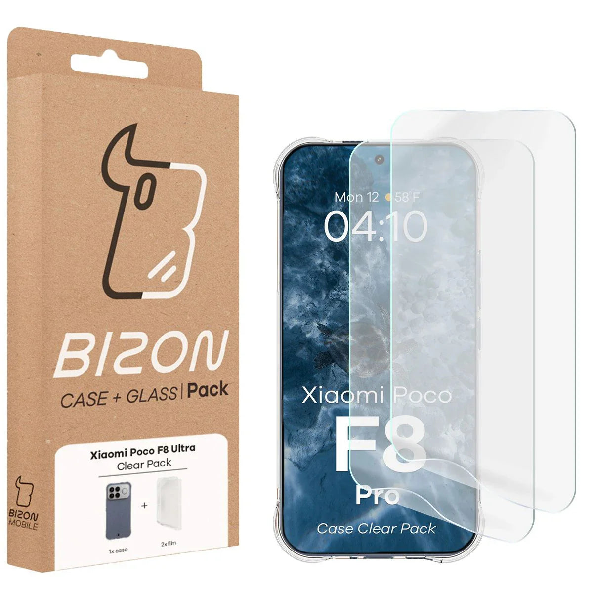 Handyhülle + 2x Folie für Xiaomi POCO F8 Ultra, Bizon Case Clear Pack, Transparent