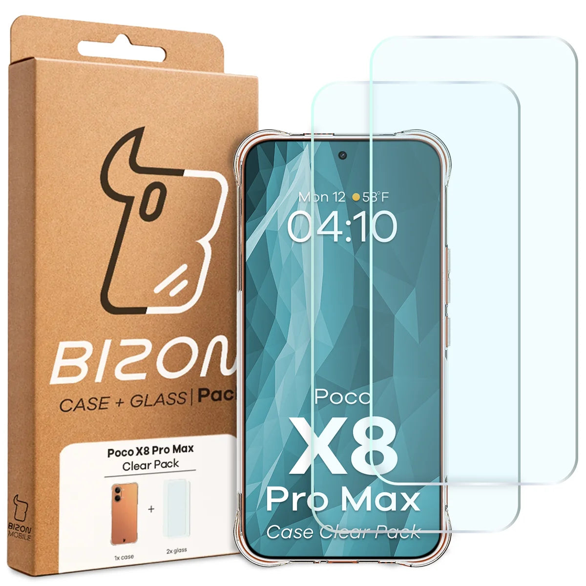 Schutzhülle + 2x gehärtetes Glas für Xiaomi POCO X8 Pro Max, Bizon Case Clear Pack, Transparent