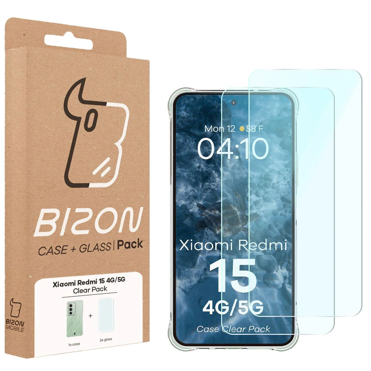 Schutzhülle + 2x gehärtetes Glas für Xiaomi Redmi 15 4G / 5G, Bizon Case Clear Pack, Transparent