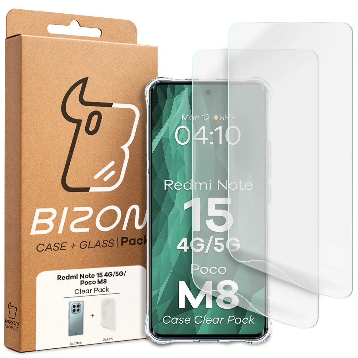 Handyhülle + 2x Folie für Xiaomi Redmi Note 15 / POCO M8 5G, Bizon Case Clear Pack, Transparent