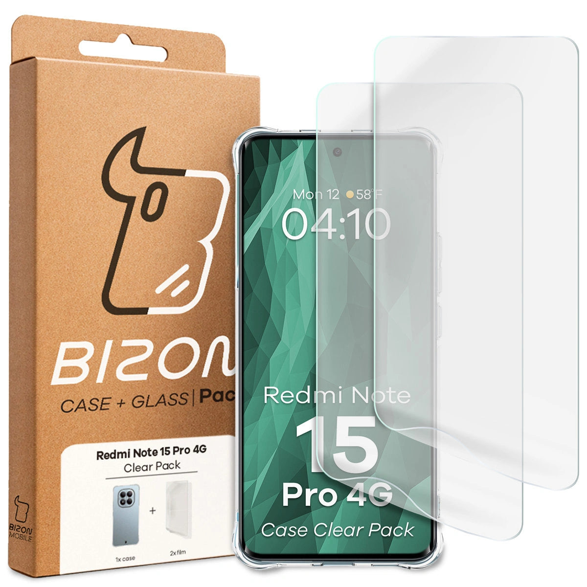 Handyhülle + 2x Folie für Xiaomi Redmi Note 15 Pro 4G, Bizon Case Clear Pack, Transparent