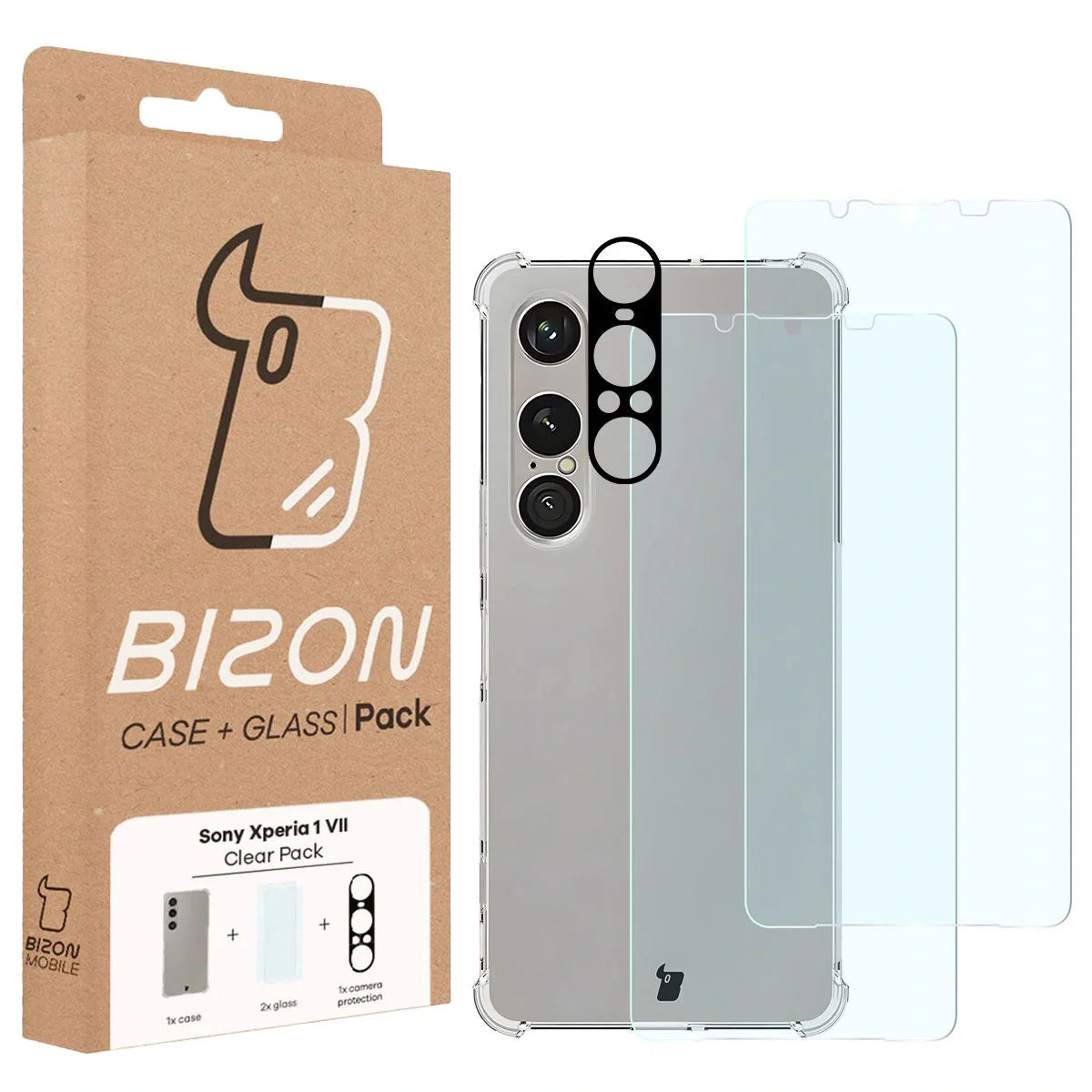 Schutzhülle + 2x gehärtetes Glas + Kameraschutz für Sony Xperia 1 VII, Bizon Case Clear Pack, Transparent